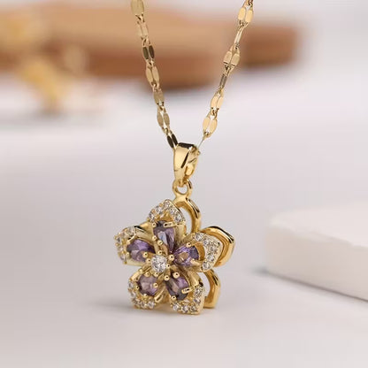 Zirconia Flower Necklace – Rotatable Cherry Blossom Design