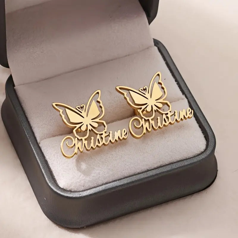 Personalized Butterfly Name Stud Earrings – 18K Gold Plated