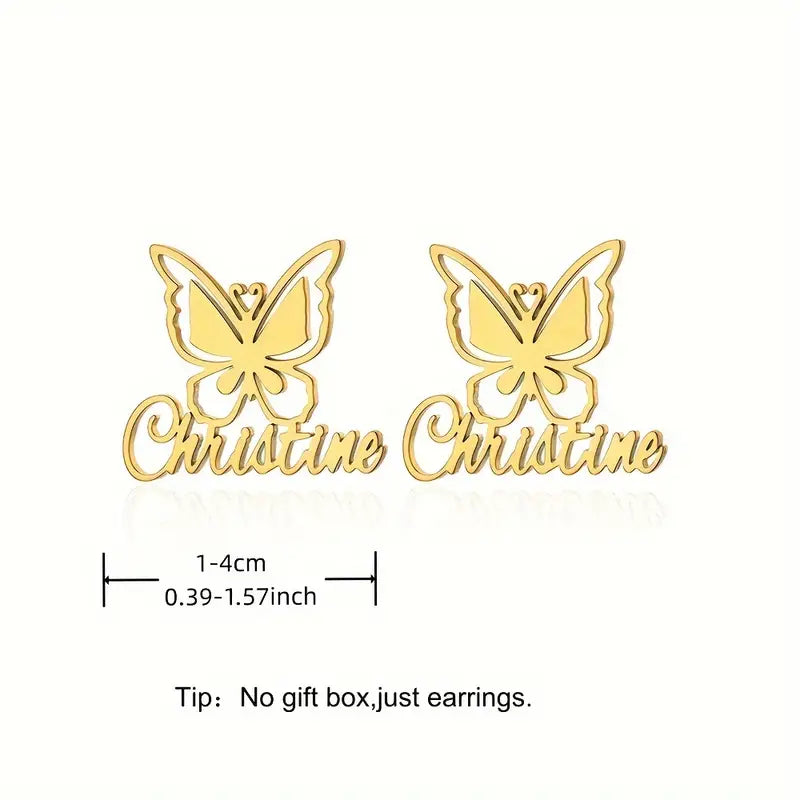 Personalized Butterfly Name Stud Earrings – 18K Gold Plated