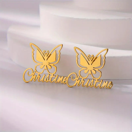 Personalized Butterfly Name Stud Earrings – 18K Gold Plated