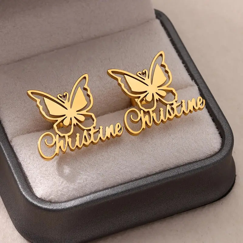 Personalized Butterfly Name Stud Earrings – 18K Gold Plated